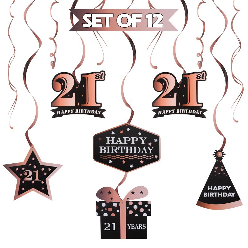 LINGTEER Happy 21st Birthday Decorations,21st Birthday Black with Rose Swirls Hanging Streamer Kit,Cheers to 21 Years Old Bday Foil Party Photo Backdrop Supplies. - Image 1